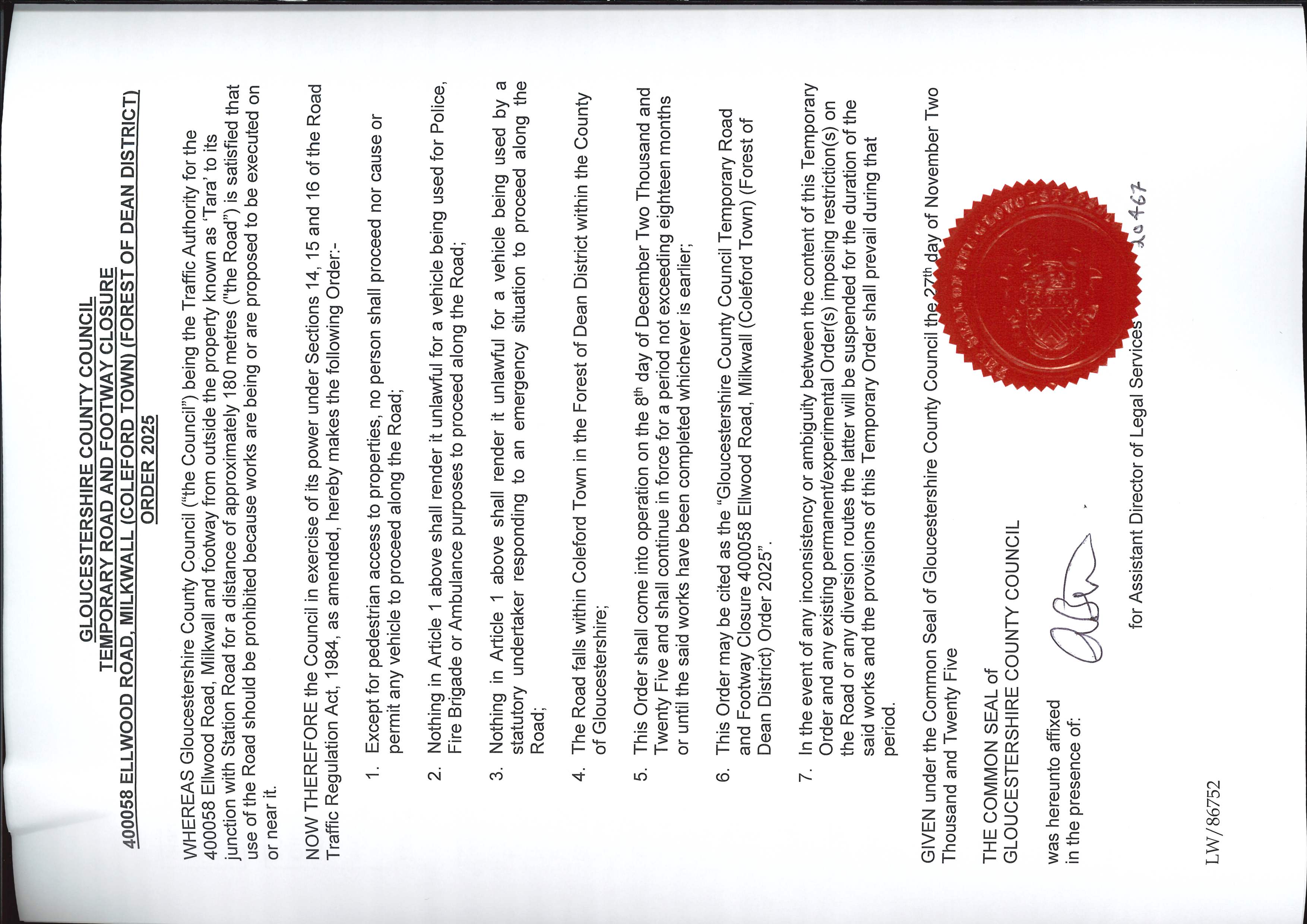 Temporarily closure of part of Ellwood Road, Milkwall. 8th-24th December between 8am and 4pm